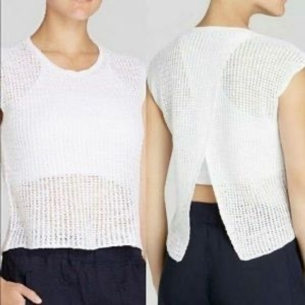 Eileen Fisher Organic Linen Cotton Open Split Back Knit Sweater Top White S